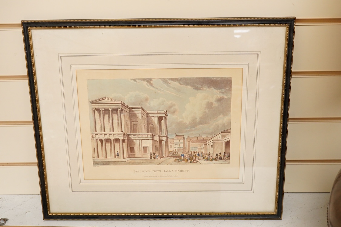 A collection of Brighton interest prints, 19th century and later to include: the Interior of The Newmarket Place, The Parish Church, Brighton and Brighton Town Hall and Market, largest 20 x 30cm, each framed